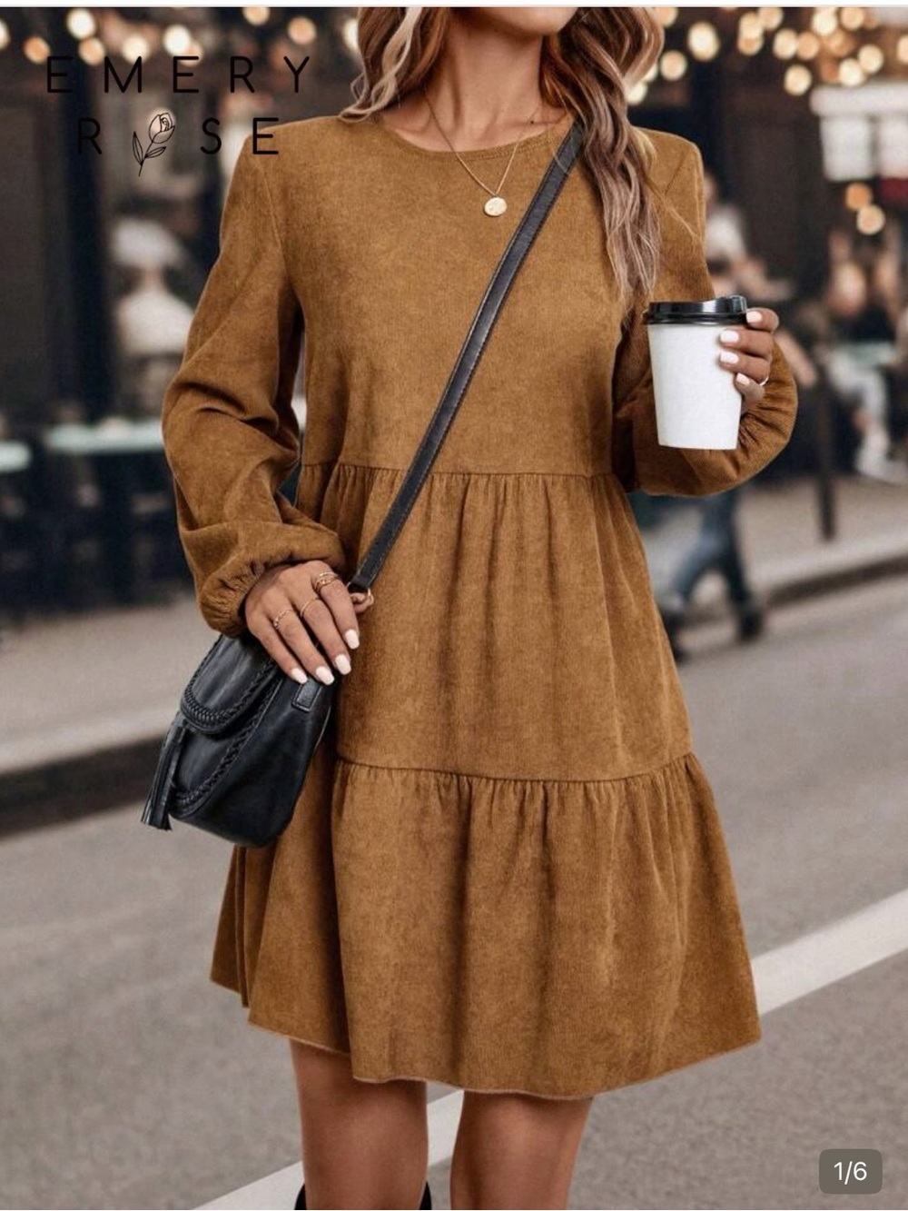Camel Brown Tiered Long Sleeve Dress